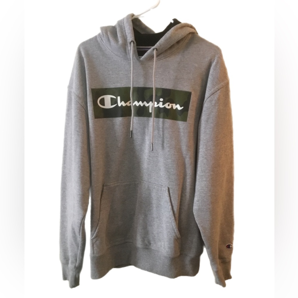Champion Gray Pullover Hoodie with Green Logo Panel